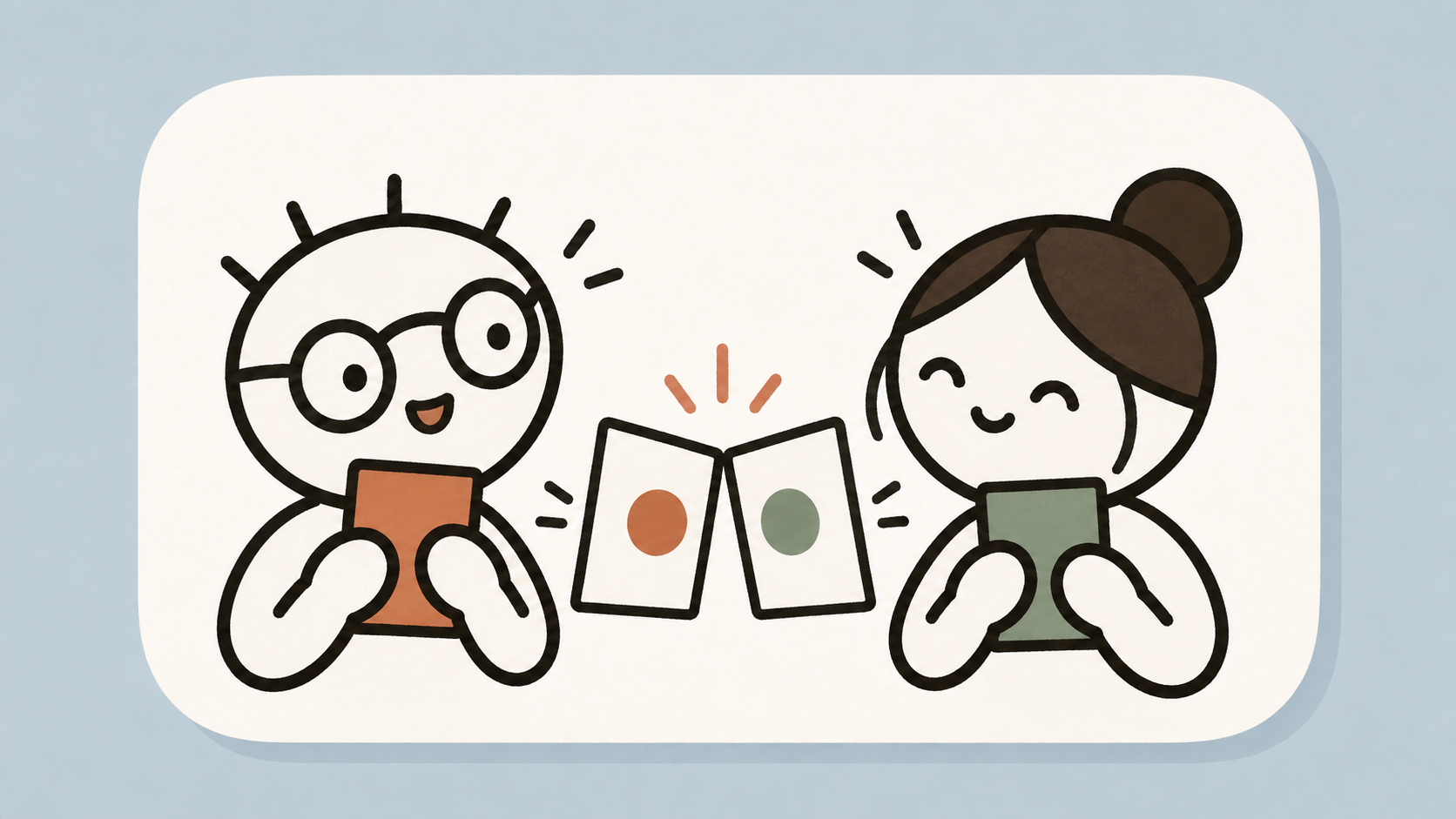 Illustration of two partners holding private answer cards before revealing them together