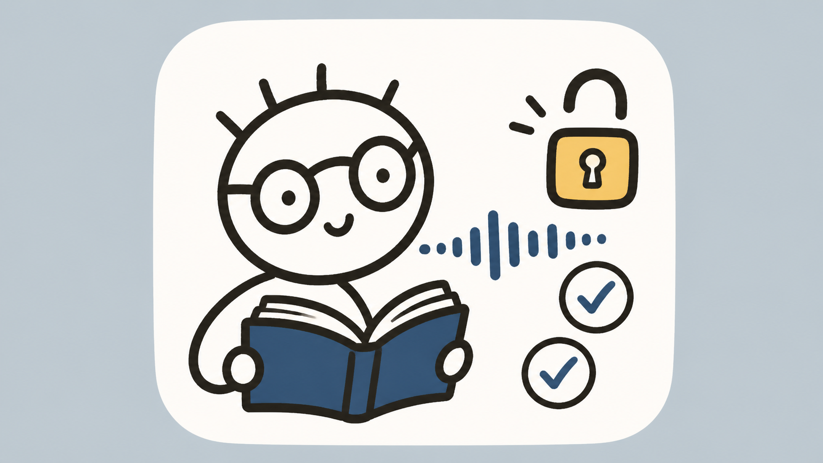 Illustration of a reading app connecting a storybook, voice tracking, quizzes, and screen-time controls